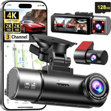 4K+2K+2K 3 Channel Dash Cam Front and Rear, 128GB Card Included, Dash Camera for Cars 5.8G/2.4G Dual Wifi, Built-in GPS, Night Vision, WDR, 170°Wide Angle, G-Sensor Emergency Lock, 24H Parking Monitor